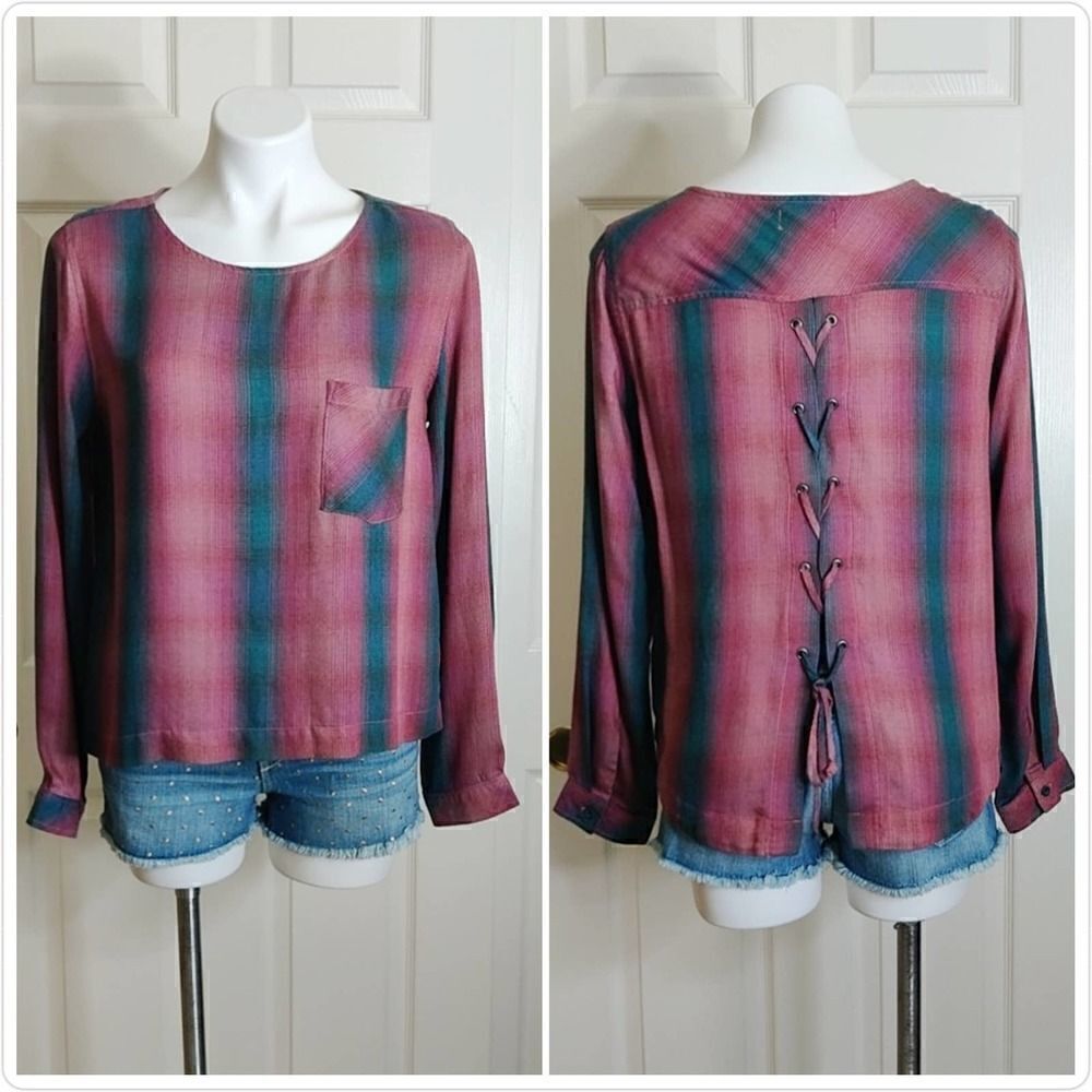 Anthropologie Cloth & Stone plaid tie back long sleeve top sz M